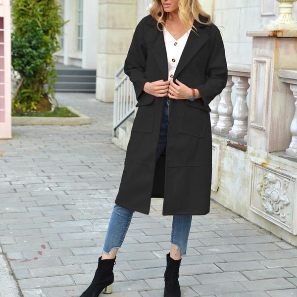 

elegant women's winter coat solid turn-down collar single button full length sleeves wide-waisted woolen long coats office lady, Black