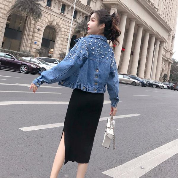 

hand-beaded denim clothing tide 2021 spring and autumn short suit skirt ladies' large size and fairy loose coat, Black;brown