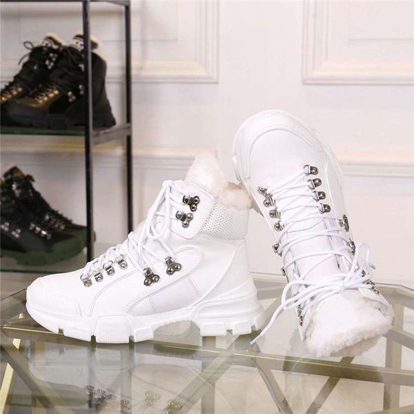 

boots 2021 winter fur wonmen shoes genuine leather lace up white chunky platform sneakers warm size 43 44 45, Black