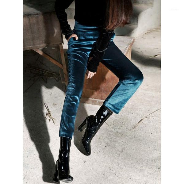 

autumn women's high waist velour pants pockets blue green velvet pencil pants fashion skinny party trousers female1, Black;white