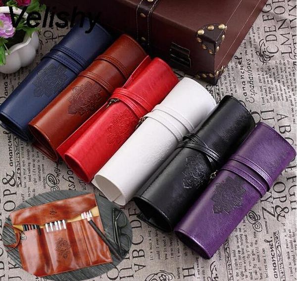 

cosmetic bags 1pc women makeup cosmetic pen pencil brush bag case pouch vintage roll leather purse