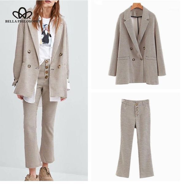 

hstar 2020 pant suits 2 piece set women double breasted plaid blazer jacket & trouser office lady suit ladies coat and pants1, White