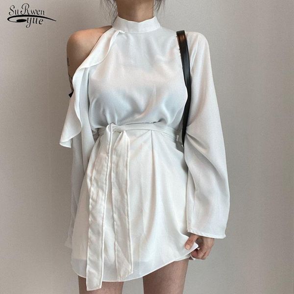 

korean chic vintage blouse women off shoulder ruffle stand collar lace up waist long sleeve shirt women loose blouse 12090, White