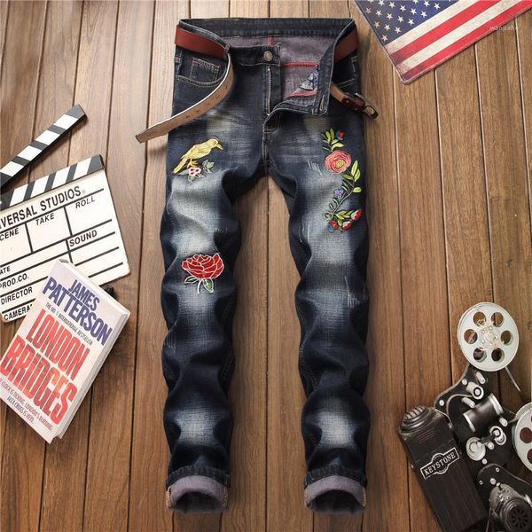 

new autumn and winter new jeans denim men slim fit plus velvet thickening warmth embroidery men's jeans design dropship1, Blue