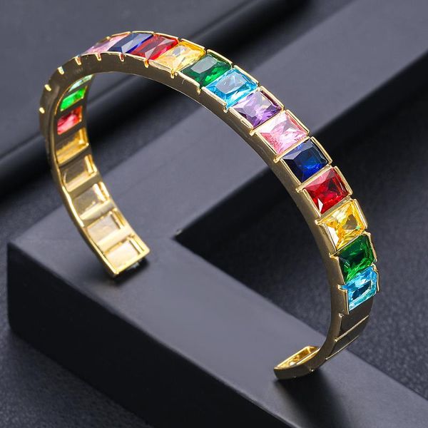 

link, chain accking luxury multicolor rainbow open design bangle cubic zircon cz vintage bohemian cuff bracelets for women jewelry, Black