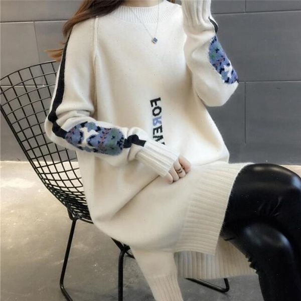 

2021 new womens spring autumn o neck knitted sweaters dresses woman long style letter sweater dress 4 colors, White;black