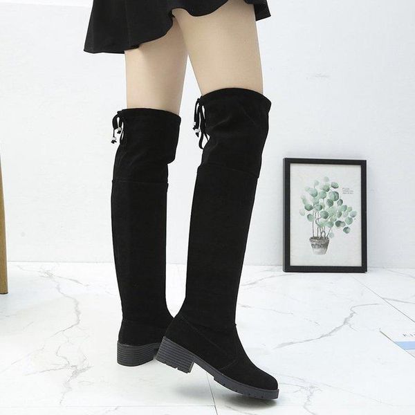 

autumn 2020 new round head suede sleeve thick heel knee elastic boots artificial short plush fashion boots women, Black
