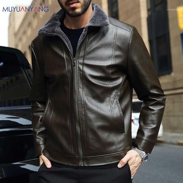 

mu yuan yang fashion men leather jackets coat autumn winter male lapel warm pu jackets coats men's faux jacket overcoat1, Black