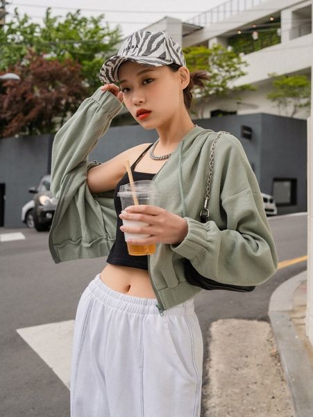 

dazy zip up drop shoulder drawstring hooded sweatshirt m4um#, White;black