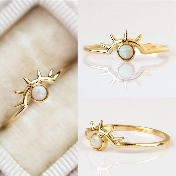 

Februaryfrost Brand Delicate Thin Design Round Opal Rings for Women Golden Eye Shaped Stackable Rings Dainty Wedding Band Engagement Rings G