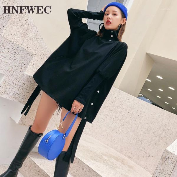 

2020 new spring fashion button solid color long-sleeved high-necked bat sleeves slim sweatshirt autumn clothing t5641, Black