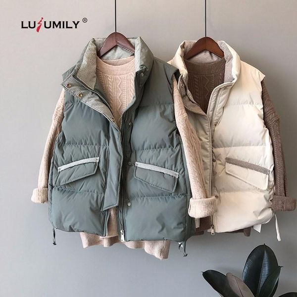 

lusumily new arrivals women vest winter sleeveless coat stripe loose zipper casual korean pocket thickened down vests female, Black;white