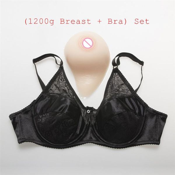 

(1200g/pair classic curved white silicone breast + lace and satin pocket bra) mastectomy drag queen boobs with bra set, Red;black