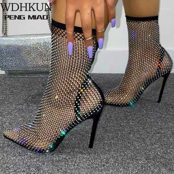 

wdhkun summer bling bling rhinestone mesh pointed toe sandals ankle boots stiletto high heels female crystal mesh shoes sandals1, Black