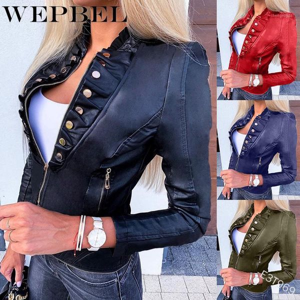 

wepbel casual motorcycle faux leather jacket women's button pockets zippers slim pu short jacket1, Black