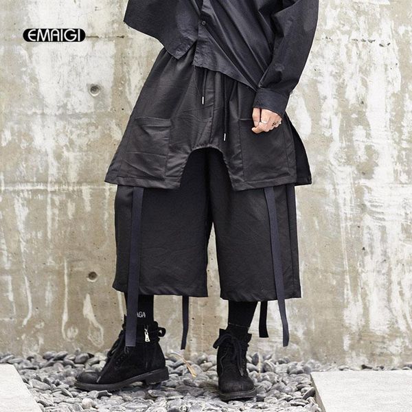 

men japan style streetwear kimono skirt pant male loose casual wide leg pants punk gothic hip hop ribbon harem trousers1, Black