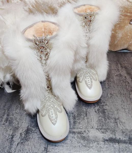 

2020 boots pearled snow high tube fox skin heavy industry with strass made from real thick hand classic leather bwh1, Black