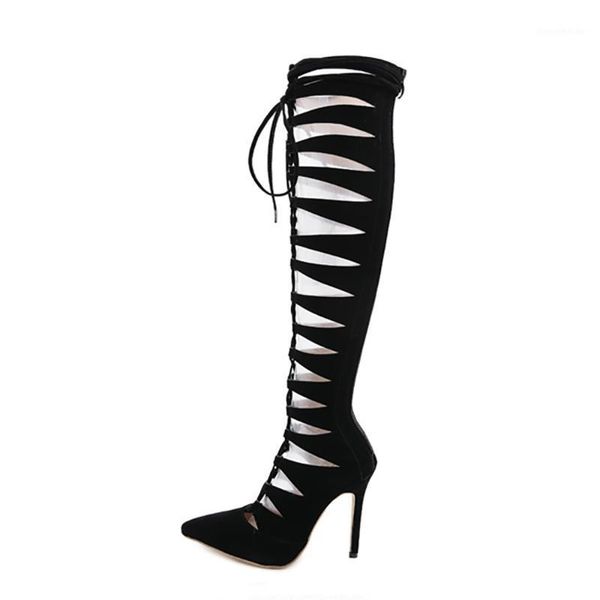 

boots summer women fashion pointed toe stilettos heels lace up consice height back zipper knee high cool 35-421, Black