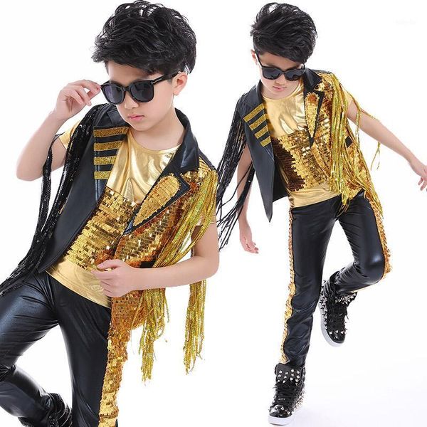 

boys hop hop clothing gold sequins tassel suit stage dance costume for children drums street dance performance model show wear1, Black;red