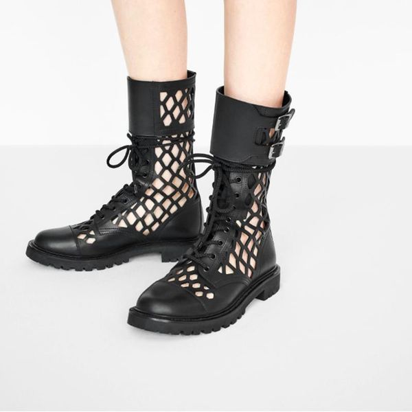 

genuine leather hollow out short boots for women buckle round toe thiick heels pumps ladies retro party shoe, Black