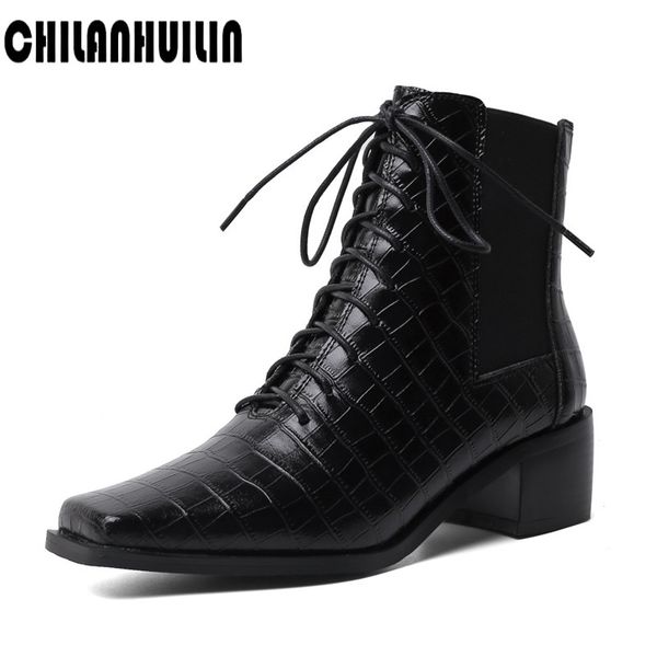 

pointed toe punk studded women high heel boots genuine print leather lace-up shallow ankle boots women pumps party shoes, Black