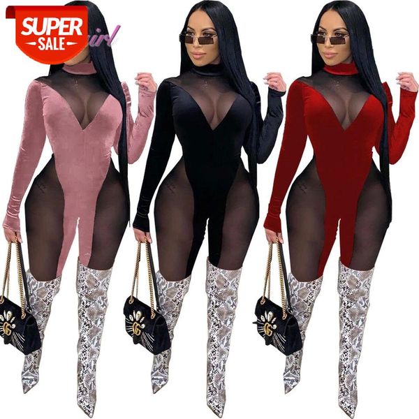 

sheer mesh velvet patchwork night party club skinny jumpsuit women turtleneck long sleeve autumn rompers outfit playsuit #cl0b, Black;white
