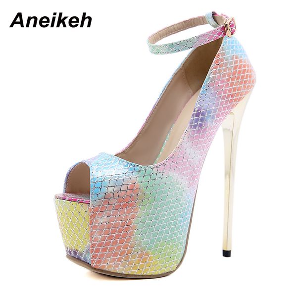 

aneikeh new spring fashion pu women's 2021 camouflage party rome thin heels basic peep toe platform buckle strap nude size 35-42 c0129, Black