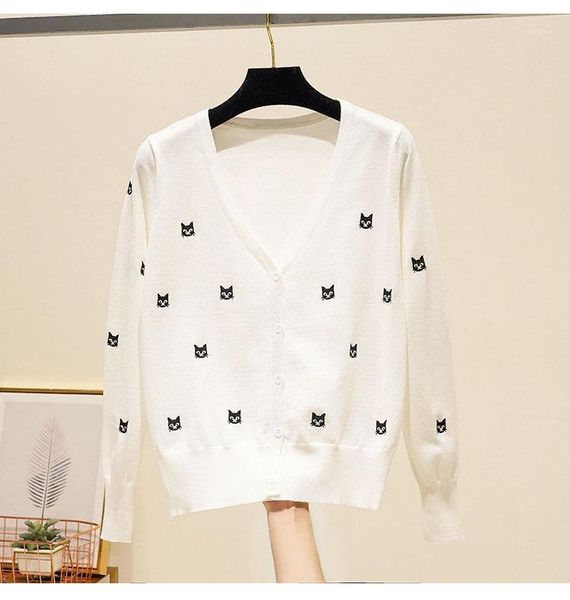 

baharcelin embroidery cat sweater jacket women cardigan knitted sweater coat jumper crochet casual v-neck woman cardigans 1, White
