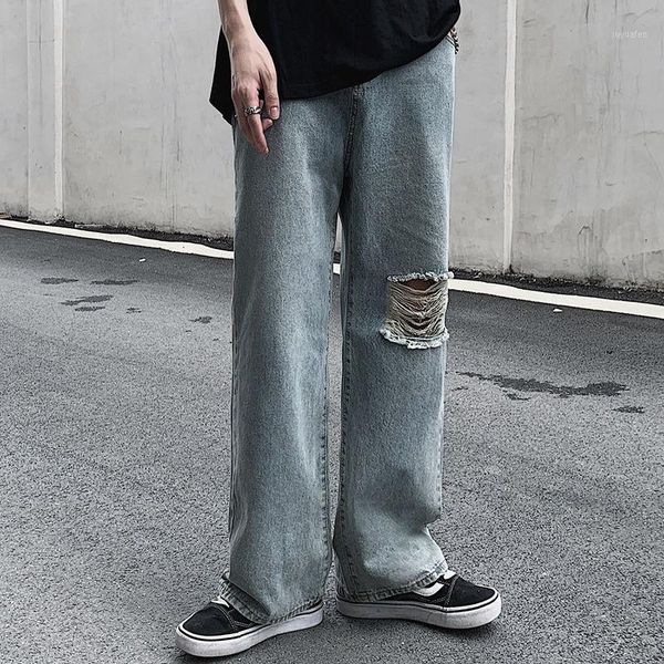 

men's jeans 2020 autumn and winter new retro loose hole straight wide leg pants young people personality fashion trend clothing1, Blue