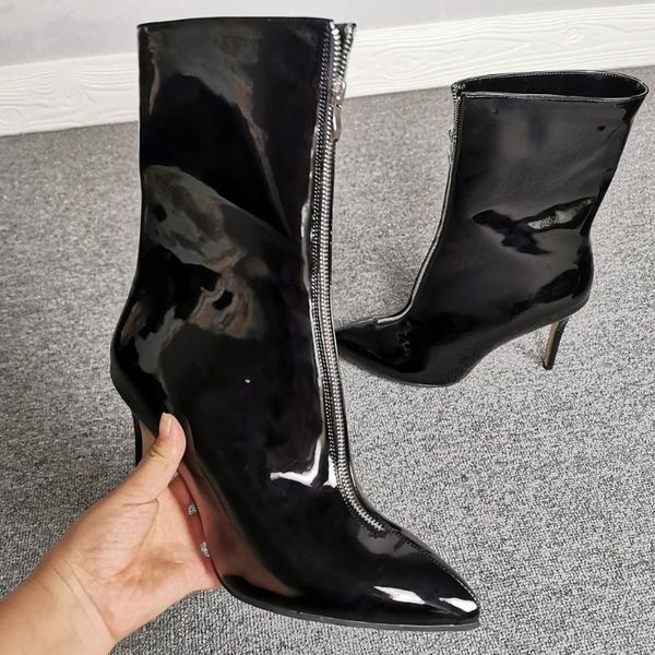 

plus size 47 brand design front zipper party shoes women thin high heels patent leather ankle boots female1, Black