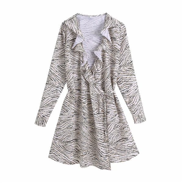 

2021 new streetwear women zebra-stripe printing fashion ladies ruffles v-neck vestidos elegant female chic asymmetric es j0jz, Black;gray