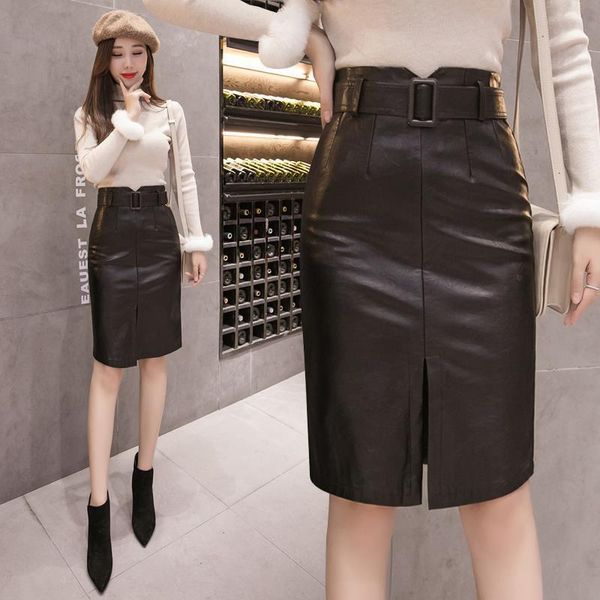 

2020 new pu leather ol elegant pencil midi skirts high waist black split sheath wrap skirts with belt female
