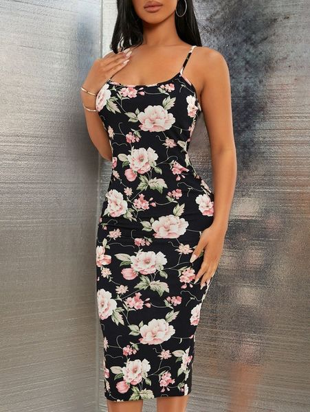 

floral print cami dress u60b#, Black;gray