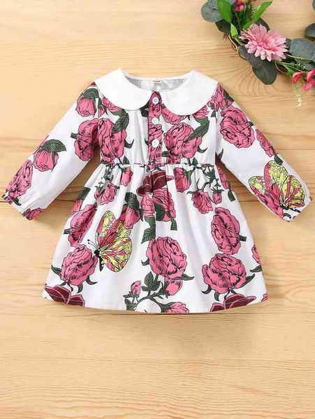 

baby floral print peter pan collar half button dress she, Red;yellow