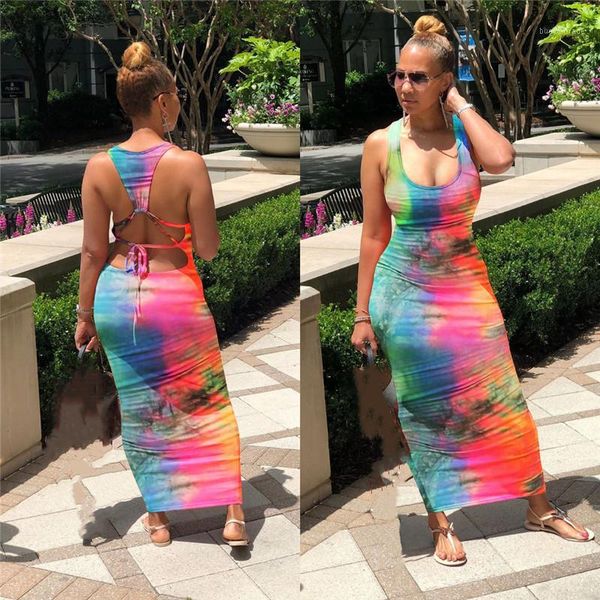 

casual dresses backless dress 2021 tie dye fashion women sleeveless tank long maxi bodycon summer soft party sundress casual1, Black;gray