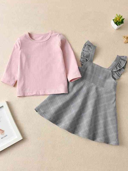 

baby solid tee & plaid ruffle trim overall dress she, White