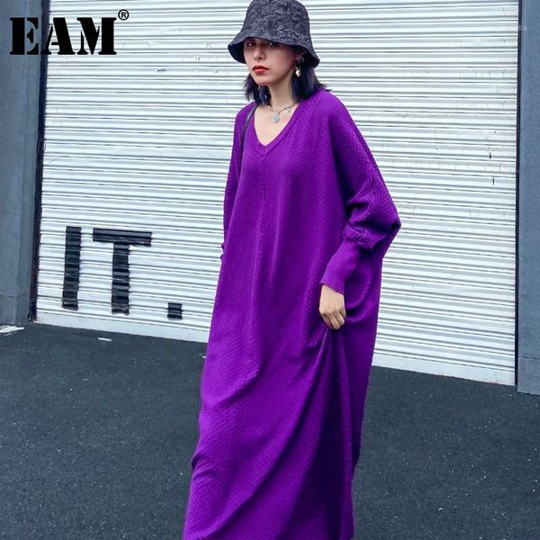 

eam] women purple brief knitting big size long dress new v-neck long sleeve loose fit fashion tide autumn winter 2020 1da1031, Black;gray