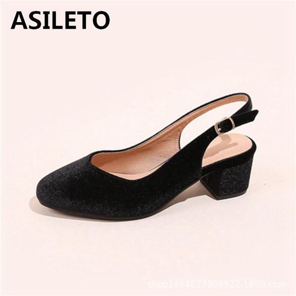 

asileto new 2021 ladies pumps round toe block heels flock concise luxury buckle classic big size 40 date casual wine red a35751, Black
