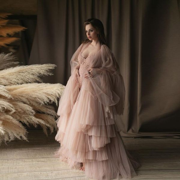 

fluffy tulle overlay women sleepwear robes long sleeves nightgown deep v neck ruffles bathrobe pajamas new maternity dress, White