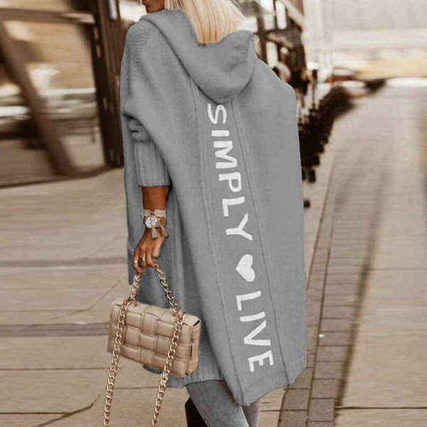 

women's wool & blends autumn winter women sweater cardigan fashion letter printed hooded coats casual long sleeve knitted loose overcoa, Black