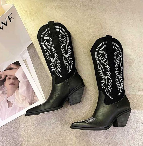 

boots 2021 fashion embossed microfiber leather women pointed toe western cowboy knee-high chunky wedges botas, Black
