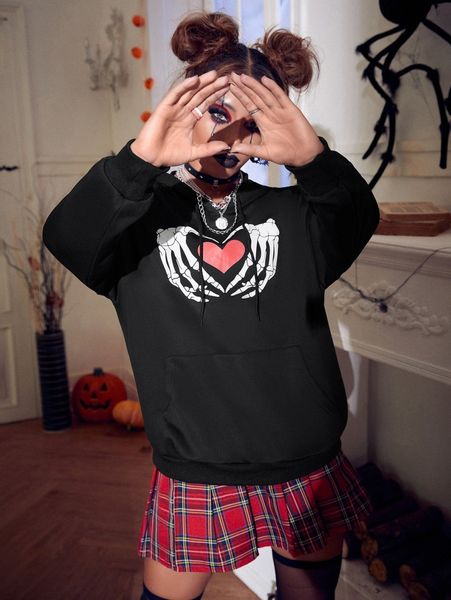 

halloween & heart print drawstring hoodie p8mj#, White;black