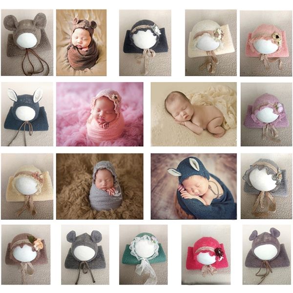 

40*120cm newborn baby pgraphy wraps with hat 2pcs set infant souvenir pictures clothes swaddling p props stretch blanket y201009