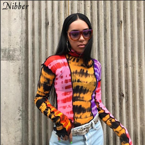 

nibber fashion mesh colorful print ruffle womens basic t-shirts2019autumn thin slim street casual tee shirts mujer1, White
