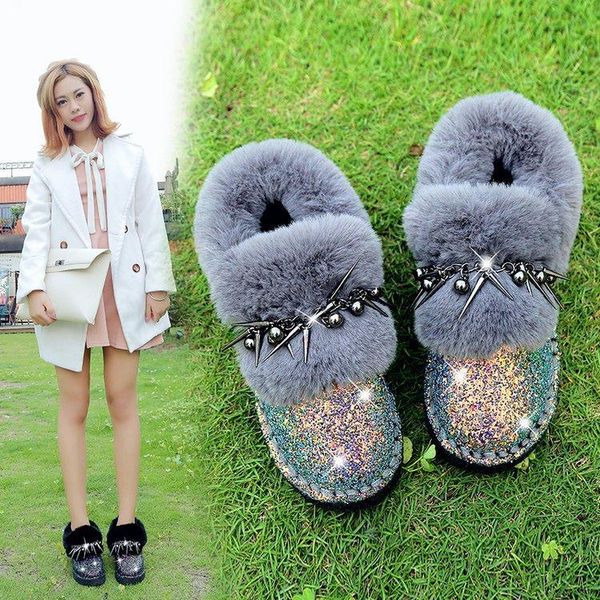 

autumn and winter fashion chain sequined snow boots women plus velvet thickening all-match suede female beanie cotton shoes, Black