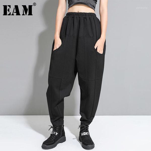 

eam] high elastic waist black pocket trousers new loose fit harem pants women fashion tide all-match spring autumn 2020 1a9401, Black;white