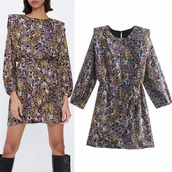 

2021 new autumn vintage printed wrap mini women long puff sleeve short dress woman retro elegant ladies dresses pcfs, Black;gray