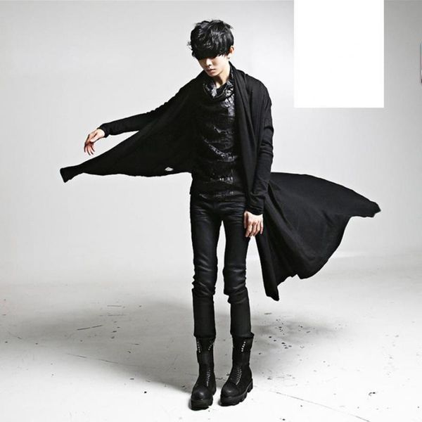 

new korean version cape long t shirt outerwear menpersonality non mainstream autumn wear mens cloak black jacket coat, Tan;black