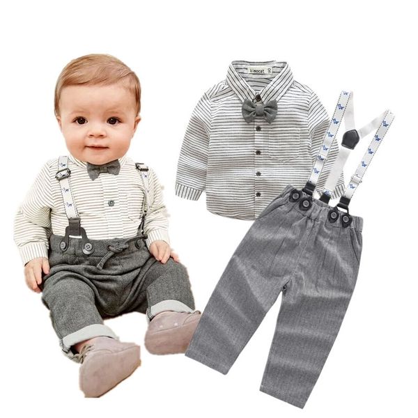 

children clothing gentleman grey striped shirt+overalls fashion baby boy newborn clothes y200323, White