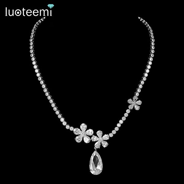 

luoteemi luxury white gold-color waterdrop cubic zirconia 3 flowers round chain necklace bridal wedding jewelry accessories, Slivery;golden